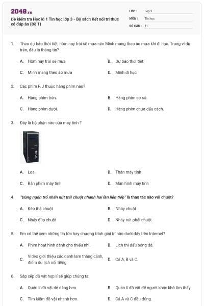 Đề kiểm tra Học kì 1 Tin học lớp 3 - Bộ sách Kết nối tri thức có đáp án (Đề 1)