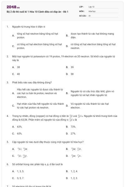 Bộ 2 đề thi cuối kì 1 Hóa 10 Cánh diều có đáp án - Đề 1