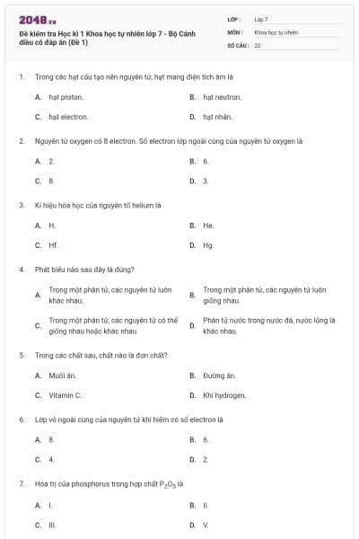 Đề kiểm tra Học kì 1 Khoa học tự nhiên lớp 7 - Bộ Cánh diều có đáp án (Đề 1)