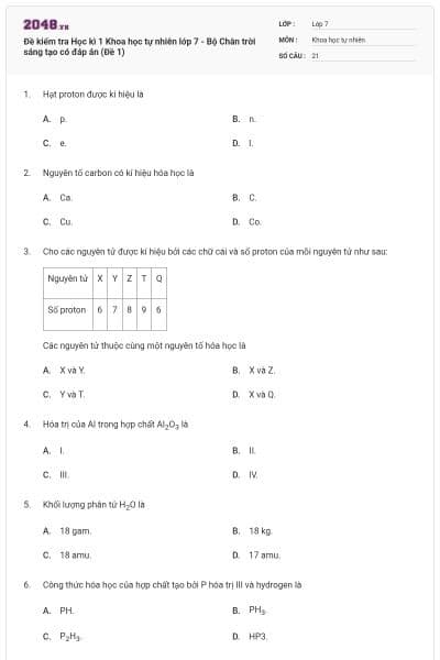 Đề kiểm tra Học kì 1 Khoa học tự nhiên lớp 7 - Bộ Chân trời sáng tạo có đáp án (Đề 1)