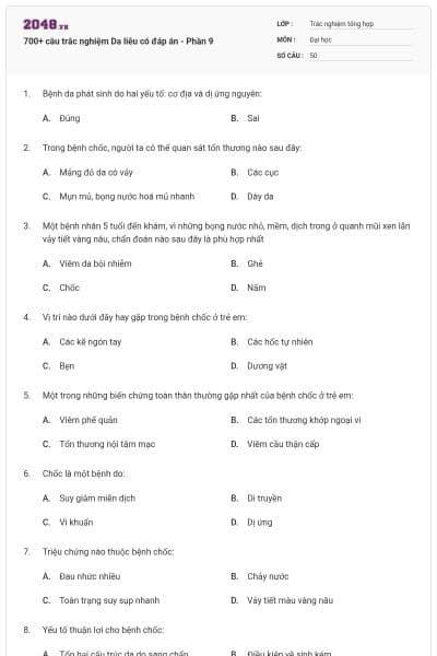 700+ câu trắc nghiệm Da liễu có đáp án - Phần 9