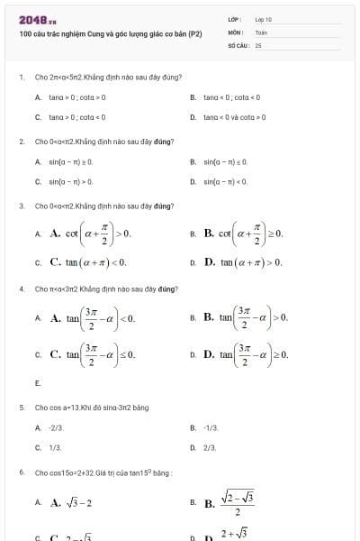 100 câu trắc nghiệm Cung và góc lượng giác cơ bản (P2)