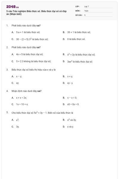 5 câu Trắc nghiệm Biểu thức số. Biểu thức đại số có đáp án (Nhận biết)