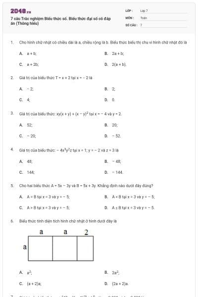 7 câu Trắc nghiệm Biểu thức số. Biểu thức đại số có đáp án (Thông hiểu)