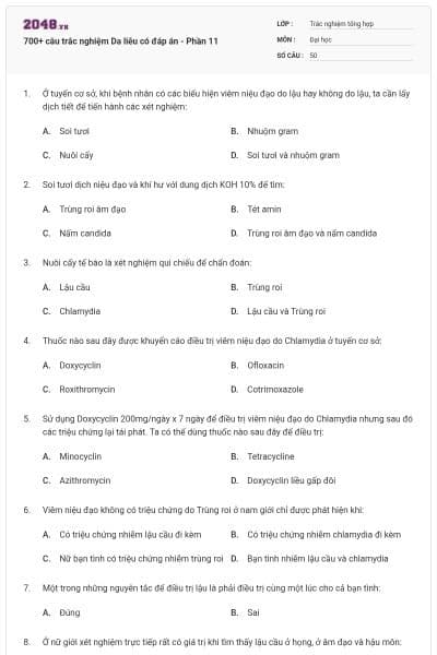 700+ câu trắc nghiệm Da liễu có đáp án - Phần 11