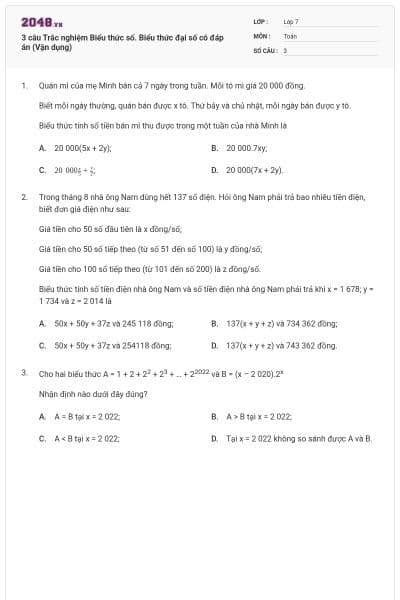 3 câu Trắc nghiệm Biểu thức số. Biểu thức đại số có đáp án (Vận dụng)