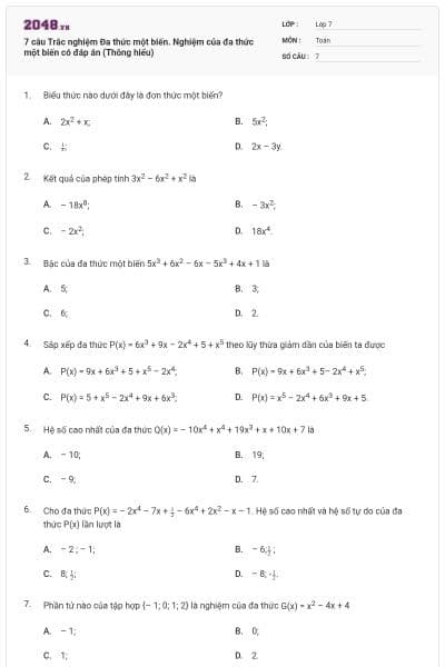 7 câu Trắc nghiệm Đa thức một biến. Nghiệm của đa thức một biến có đáp án (Thông hiểu)