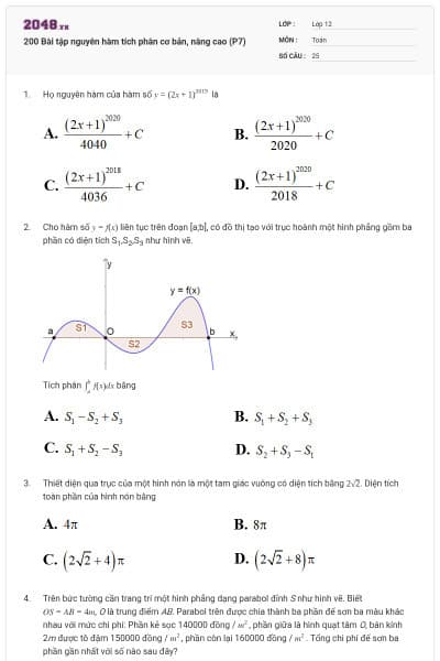200 Bài tập nguyên hàm tích phân cơ bản, nâng cao (P7)
