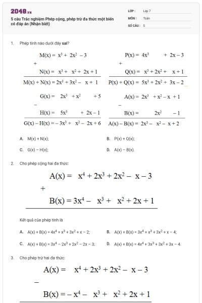5 câu Trắc nghiệm Phép cộng, phép trừ đa thức một biến có đáp án (Nhận biết)