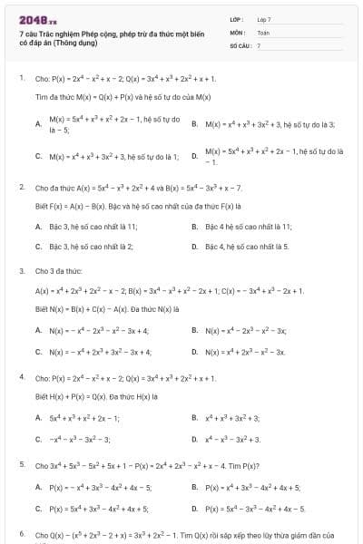 7 câu Trắc nghiệm Phép cộng, phép trừ đa thức một biến có đáp án (Thông dụng)