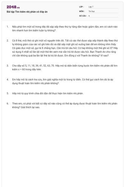 Bài tập Tìm kiếm nhị phân có đáp án