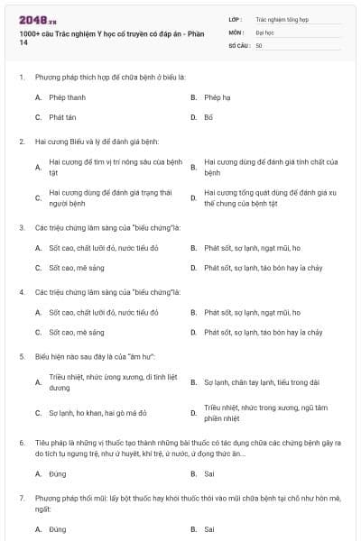 1000+ câu Trắc nghiệm Y học cổ truyền có đáp án - Phần 14