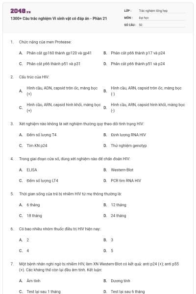 1300+ Câu trắc nghiệm Vi sinh vật có đáp án - Phần 21