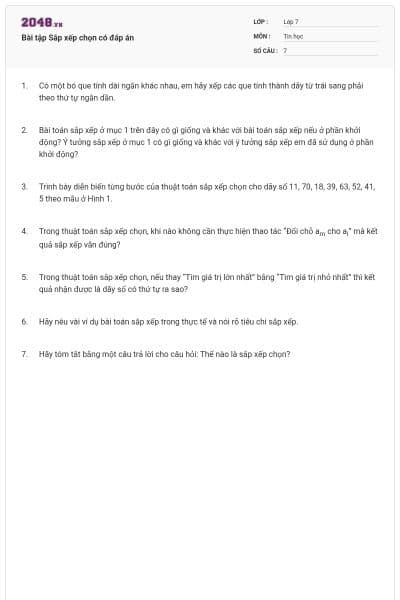 Bài tập Sắp xếp chọn có đáp án