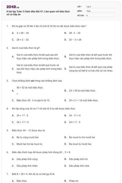 8 bài tập Toán 3 Cánh diều Bài 41: Làm quen với biểu thức số có đáp án