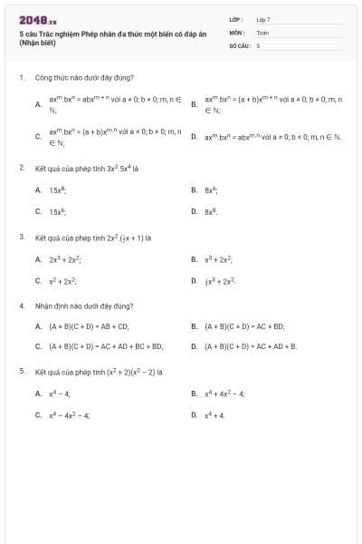 5 câu Trắc nghiệm Phép nhân đa thức một biến có đáp án (Nhận biết)