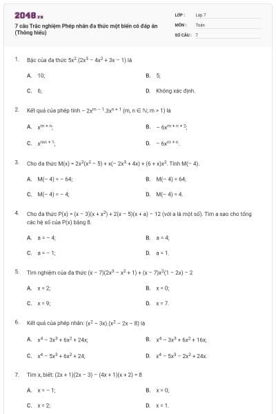 7 câu Trắc nghiệm Phép nhân đa thức một biến có đáp án (Thông hiểu)
