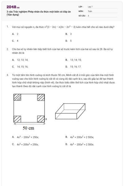 3 câu Trắc nghiệm Phép nhân đa thức một biến có đáp án (Vận dụng)