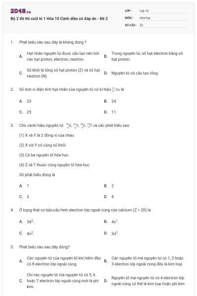 Bộ 2 đề thi cuối kì 1 Hóa 10 Cánh diều có đáp án - Đề 2