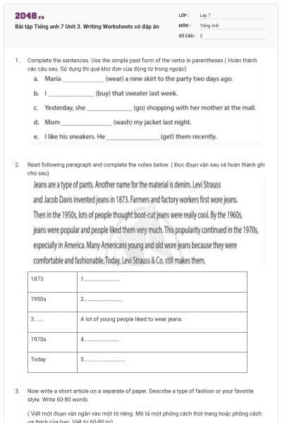 Bài tập Tiếng anh 7 Unit 3. Writing Worksheets có đáp án
