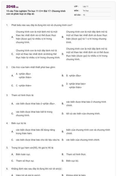 15 câu Trắc nghiệm Tin học 11 C++ Bài 17: Chương trình con và phân loại có đáp án