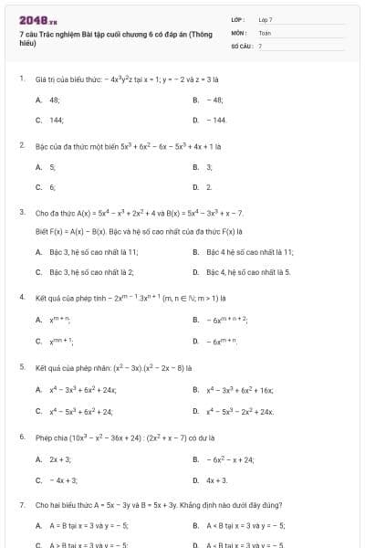 7 câu Trắc nghiệm Bài tập cuối chương 6 có đáp án (Thông hiểu)
