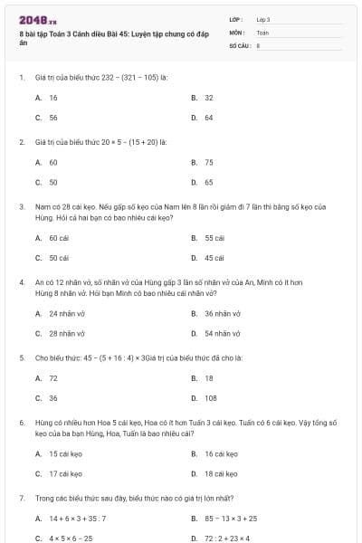 8 bài tập Toán 3 Cánh diều Bài 45: Luyện tập chung có đáp án