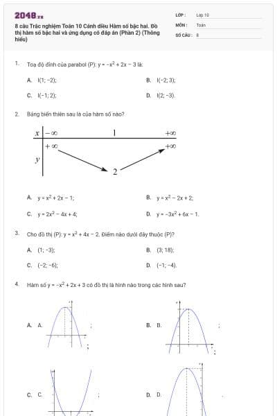 8 câu Trắc nghiệm Toán 10 Cánh diều Hàm số bậc hai. Đồ thị hàm số bậc hai và ứng dụng có đáp án (Phần 2) (Thông hiểu)