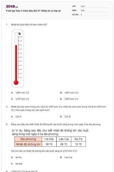 8 bài tập Toán 3 Cánh diều Bài 47: Nhiệt độ có đáp án