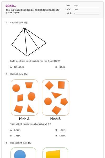 8 bài tập Toán 3 Cánh diều Bài 49: Hình tam giác. Hình tứ giác có đáp án