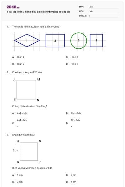 8 bài tập Toán 3 Cánh diều Bài 52: Hình vuông có đáp án