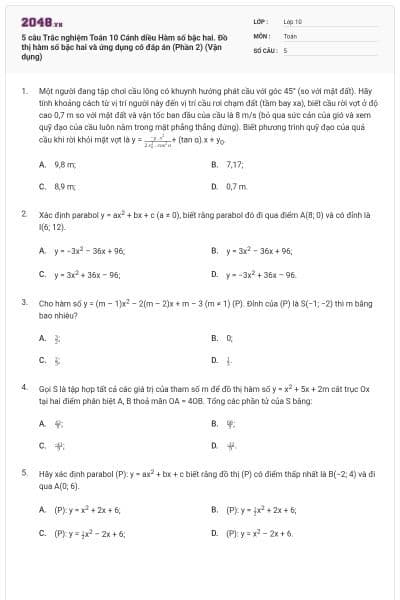 5 câu Trắc nghiệm Toán 10 Cánh diều Hàm số bậc hai. Đồ thị hàm số bậc hai và ứng dụng có đáp án (Phần 2) (Vận dụng)