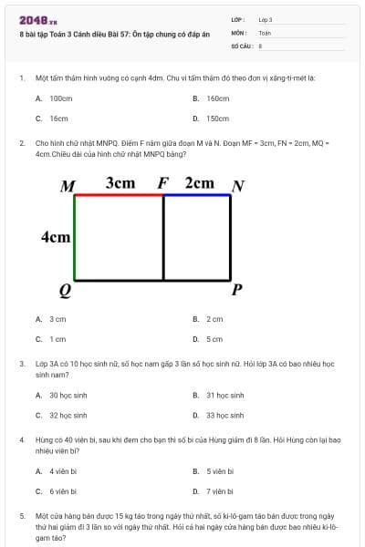 8 bài tập Toán 3 Cánh diều Bài 57: Ôn tập chung có đáp án