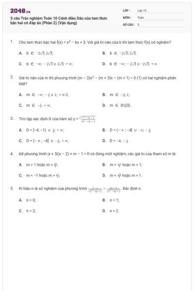 5 câu Trắc nghiệm Toán 10 Cánh diều Dấu của tam thức bậc hai có đáp án (Phần 2) (Vận dụng)