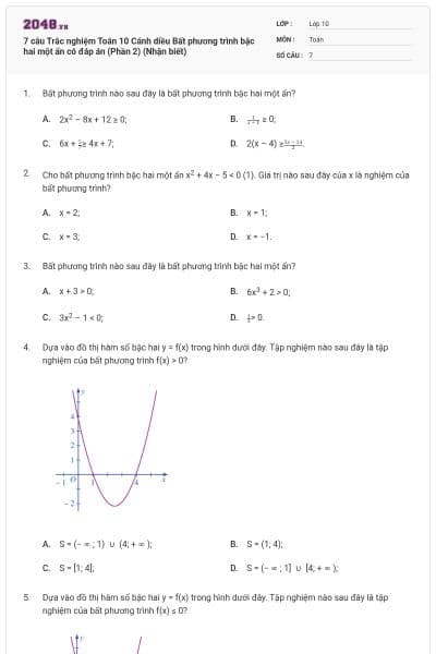 7 câu Trắc nghiệm Toán 10 Cánh diều Bất phương trình bậc hai một ẩn có đáp án (Phần 2) (Nhận biết)