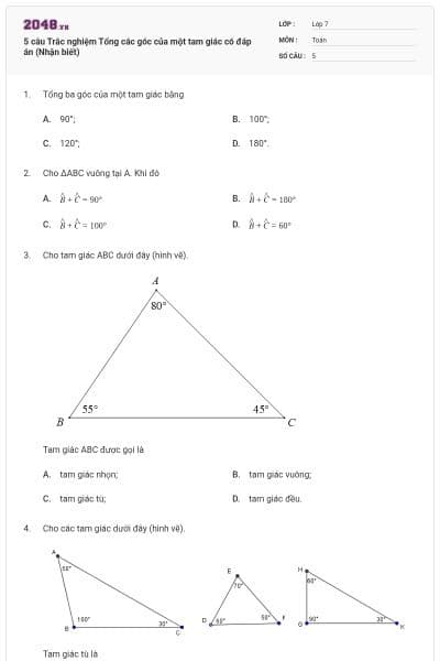 5 câu Trắc nghiệm Tổng các góc của một tam giác có đáp án (Nhận biết)