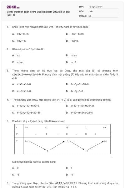 Đề thi thử môn Toán THPT Quốc gia năm 2022 có lời giải (Đề 11)