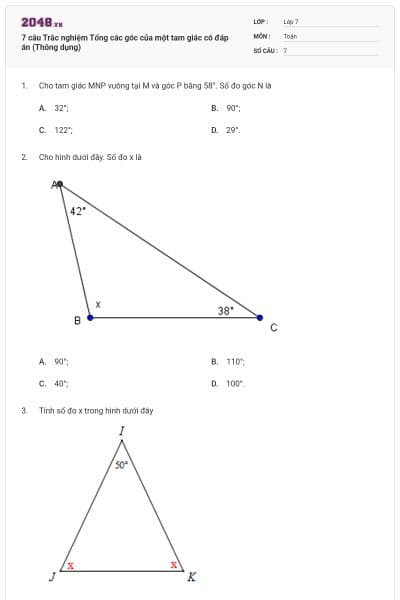 7 câu Trắc nghiệm Tổng các góc của một tam giác có đáp án (Thông dụng)