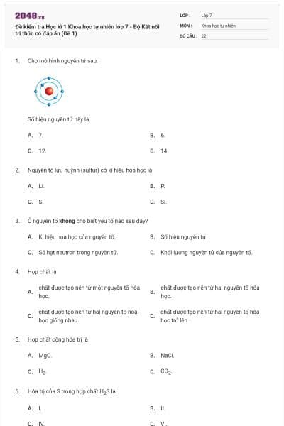 Đề kiểm tra Học kì 1 Khoa học tự nhiên lớp 7 - Bộ Kết nối tri thức có đáp án (Đề 1)