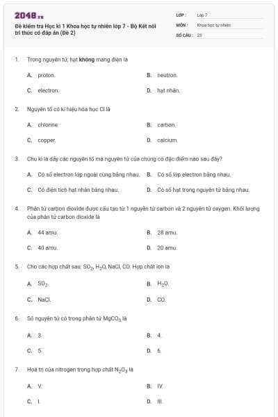 Đề kiểm tra Học kì 1 Khoa học tự nhiên lớp 7 - Bộ Kết nối tri thức có đáp án (Đề 2)