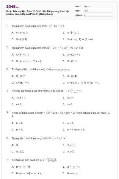 8 câu Trắc nghiệm Toán 10 Cánh diều Bất phương trình bậc hai một ẩn có đáp án (Phần 2) (Thông hiểu)