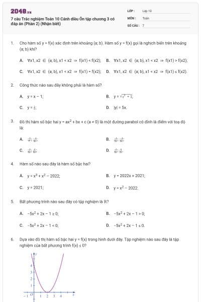 7 câu Trắc nghiệm Toán 10 Cánh diều Ôn tập chương 3 có đáp án (Phần 2) (Nhận biết)