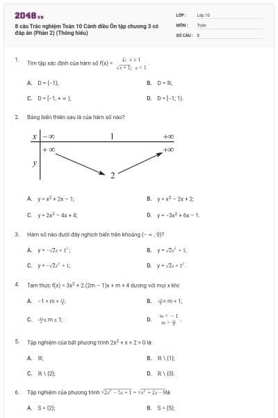 8 câu Trắc nghiệm Toán 10 Cánh diều Ôn tập chương 3 có đáp án (Phần 2) (Thông hiểu)