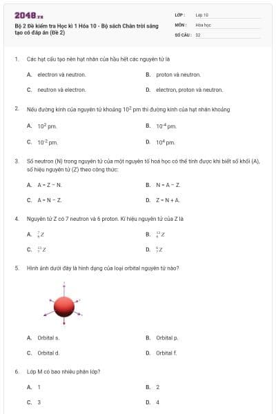 Bộ 2 Đề kiểm tra Học kì 1 Hóa 10 - Bộ sách Chân trời sáng tạo có đáp án (Đề 2)
