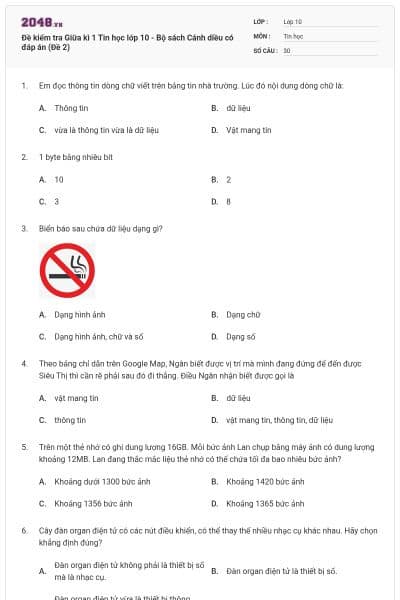 Đề kiểm tra Giữa kì 1 Tin học lớp 10 - Bộ sách Cánh diều có đáp án (Đề 2)