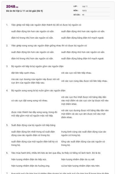 Đề ôn thi Vật Lí 11 có lời giải (Đề 9)