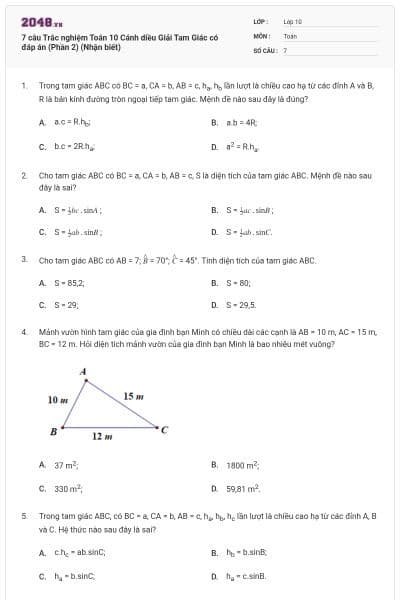 7 câu Trắc nghiệm Toán 10 Cánh diều Giải Tam Giác có đáp án (Phần 2) (Nhận biết)