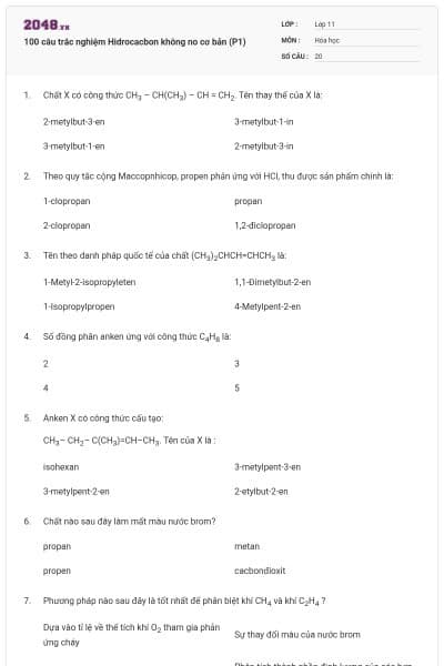 100 câu trắc nghiệm Hidrocacbon không no cơ bản (P1)