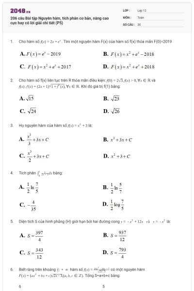 206 câu Bài tập Nguyên hàm, tích phân cơ bản, nâng cao cực hay có lời giải chi tiết (P5)