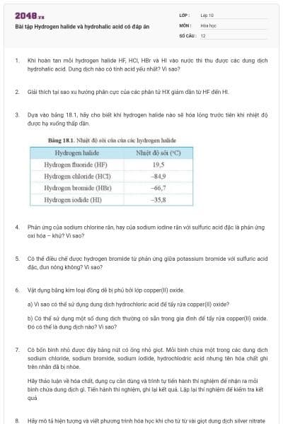 Bài tập Hydrogen halide và hydrohalic acid có đáp án